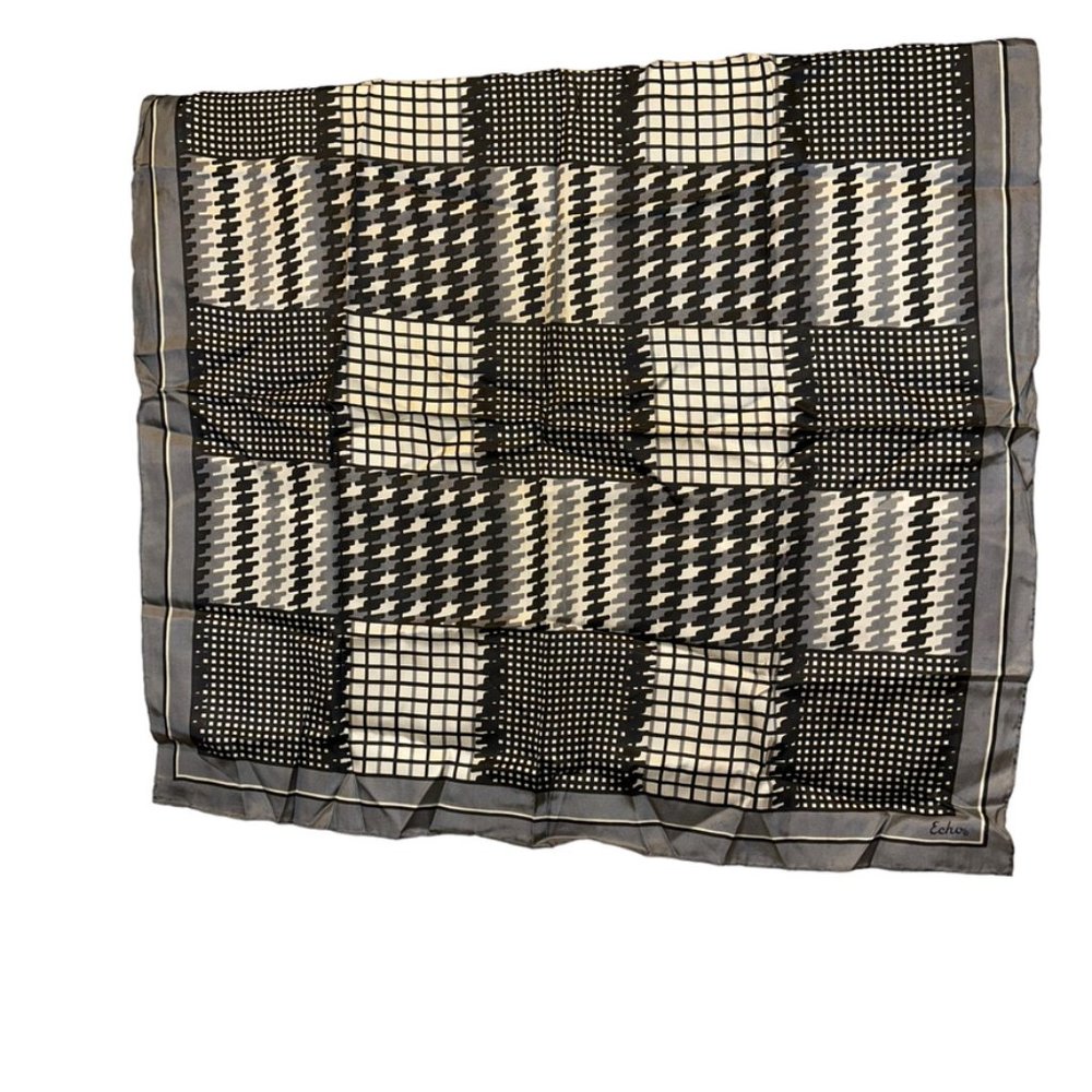 echo black cream houndstooth plaid 100% SILK scarf